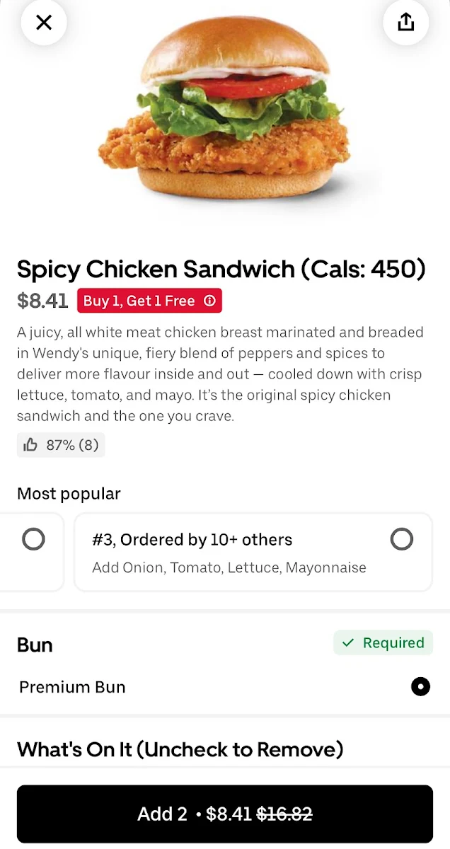 Menu, Wendy's