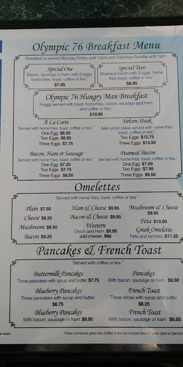 Menu, Olympic 76 Restaurant