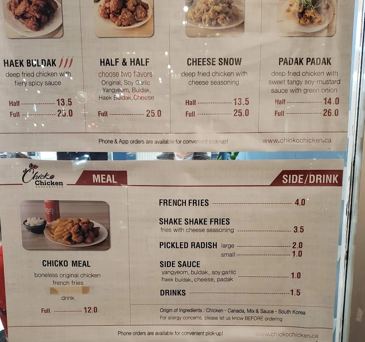 Menu, Chicko Chicken Metrotown