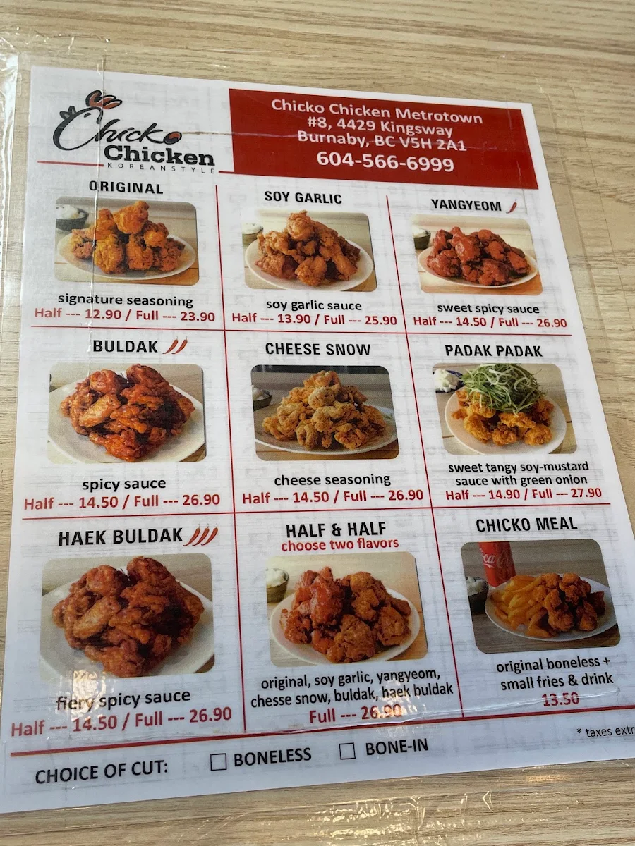 Menu, Chicko Chicken Metrotown