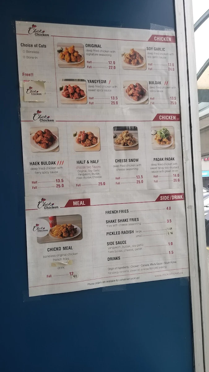 Menu, Chicko Chicken Metrotown