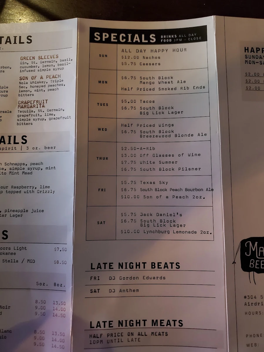 Menu, Main Street Beer & BBQ