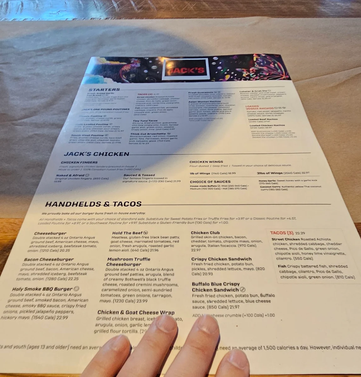 Menu, Jack's Newmarket