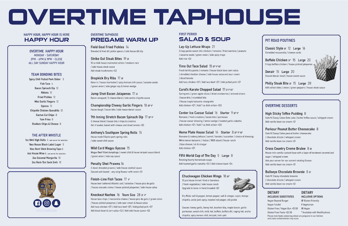 Menu, Overtime Taphouse