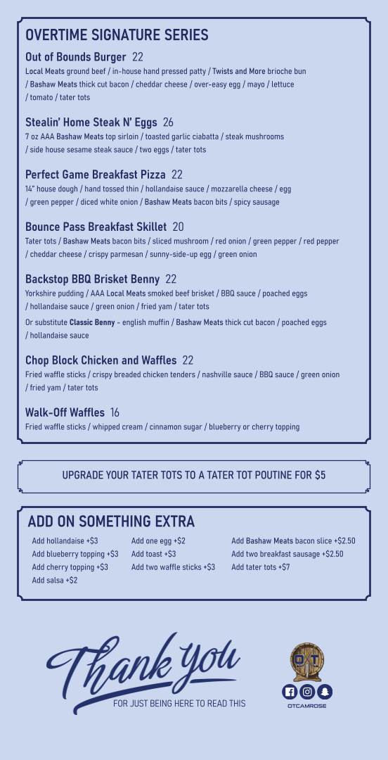Menu, Overtime Taphouse