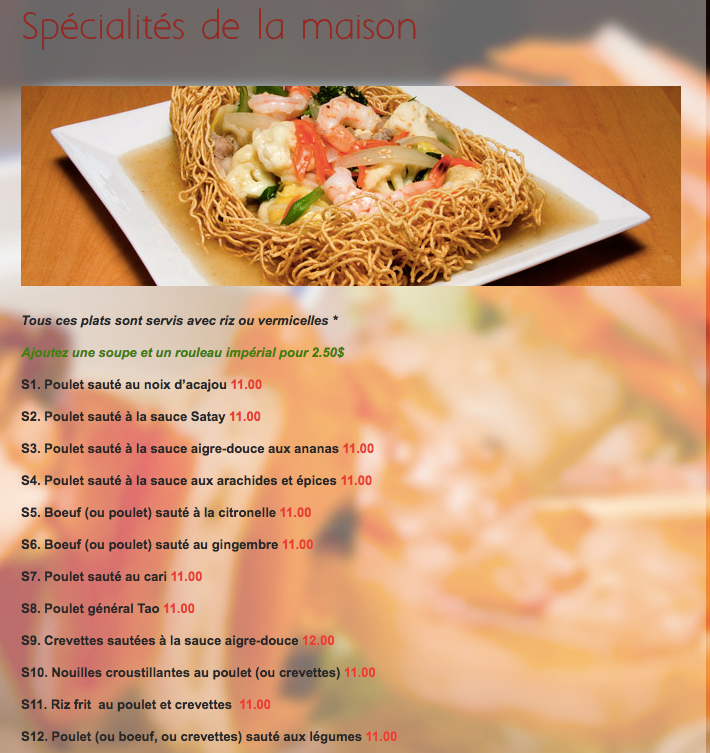 Menu, Soleil Inc