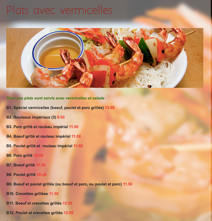 Menu, Soleil Inc