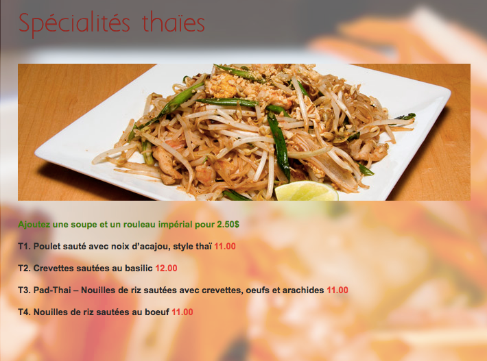 Menu, Soleil Inc