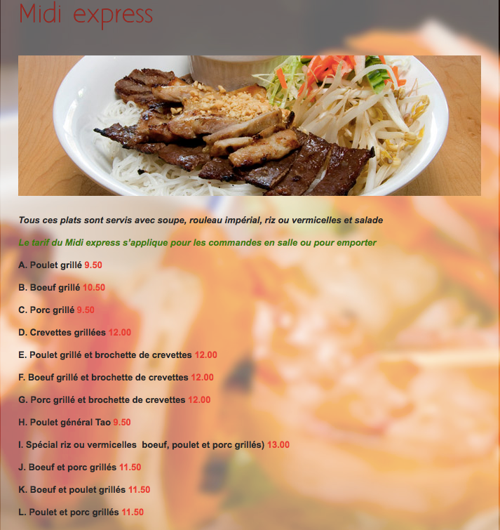 Menu, Soleil Inc