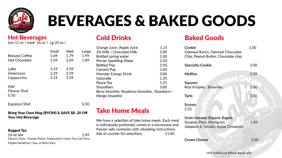 Menu, Breithaupt Street Garage Cafe