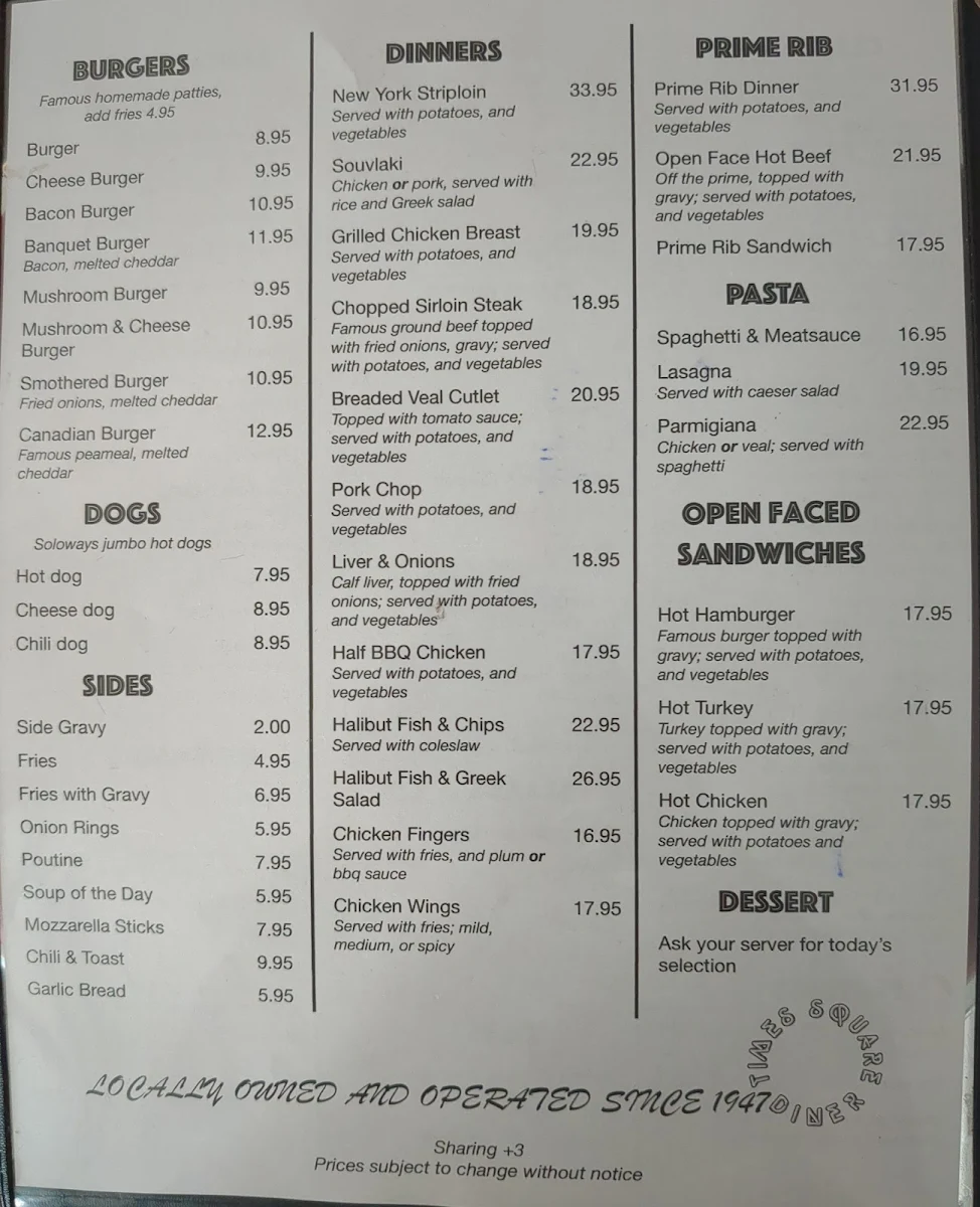 Menu, Times Square Diner