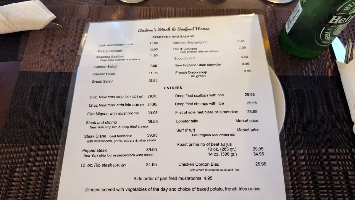 Menu, Andrea's Steak & Sea Food House
