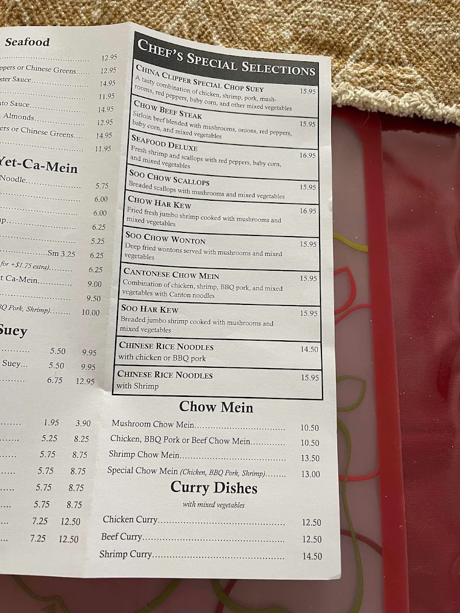 Menu, China Clipper Restaurant