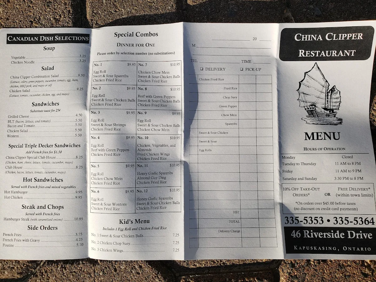 Menu, China Clipper Restaurant