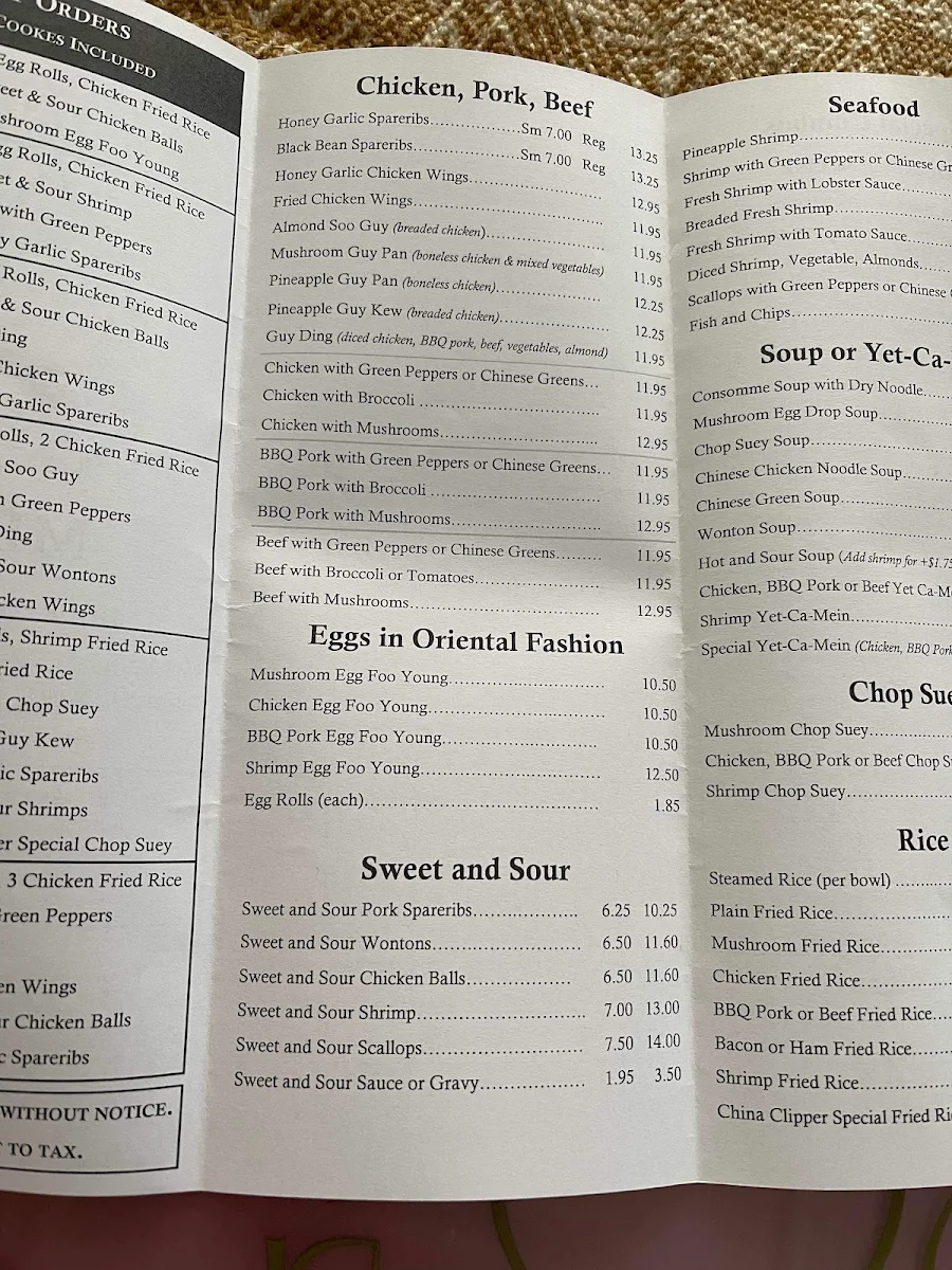 Menu, China Clipper Restaurant