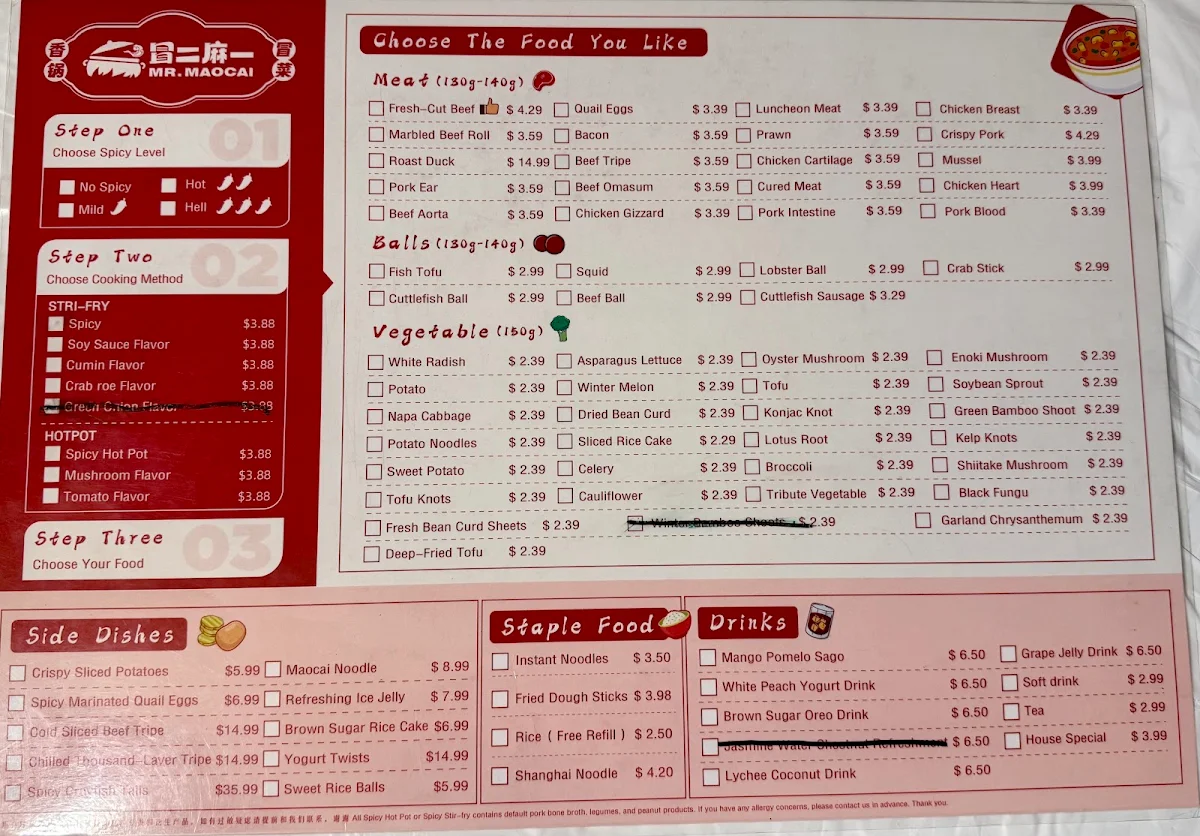 Menu, Mr. Maocai