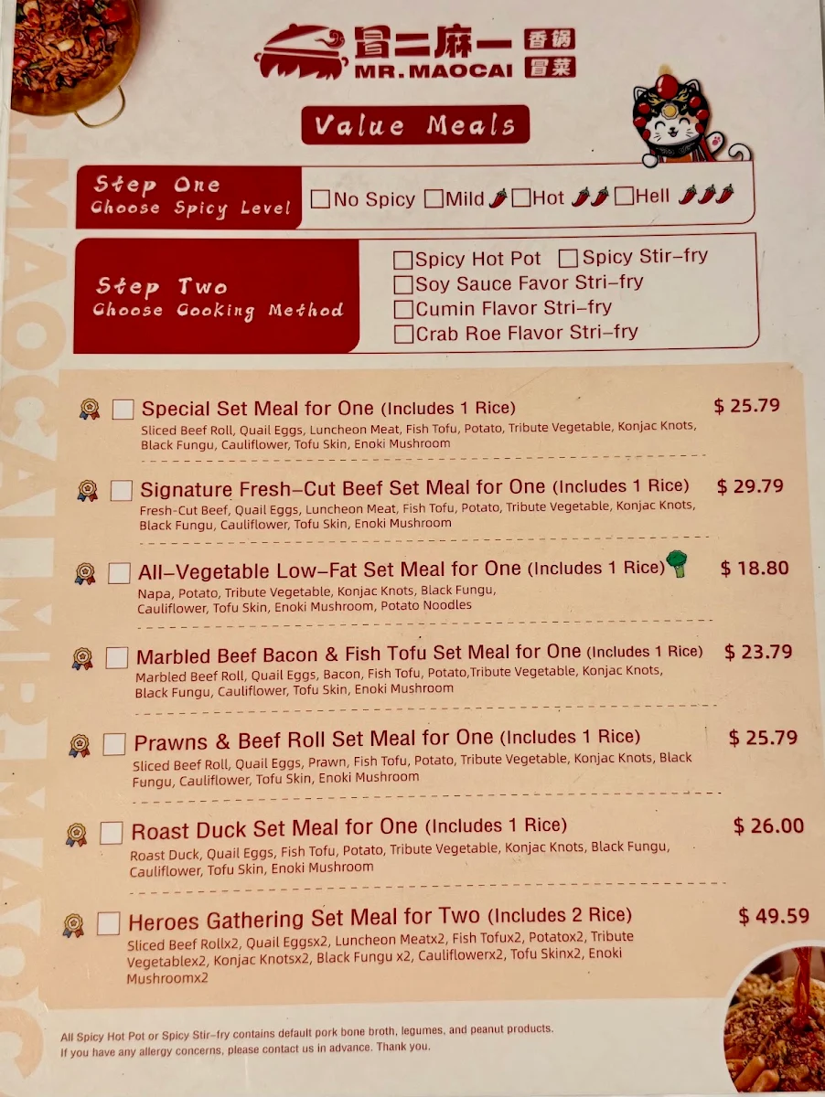 Menu, Mr. Maocai
