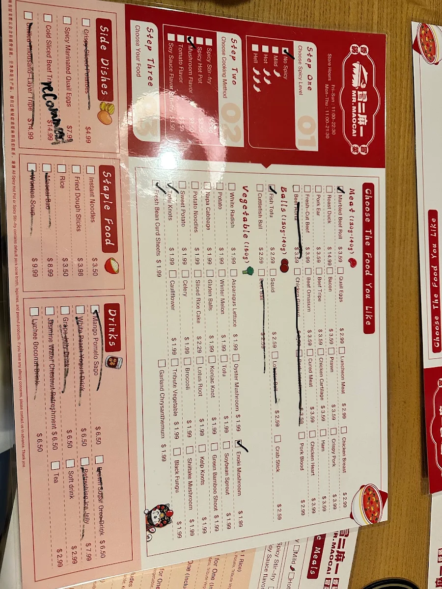 Menu, Mr. Maocai