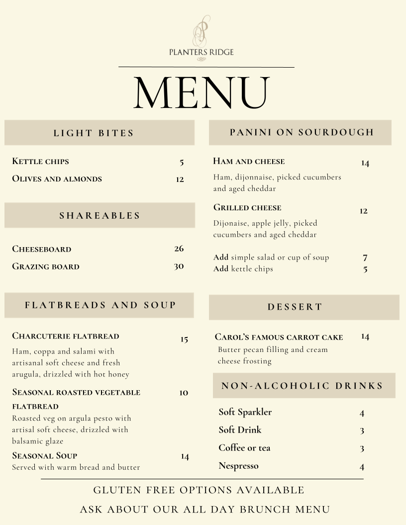 Menu, The Kitchen at Planters Ridge