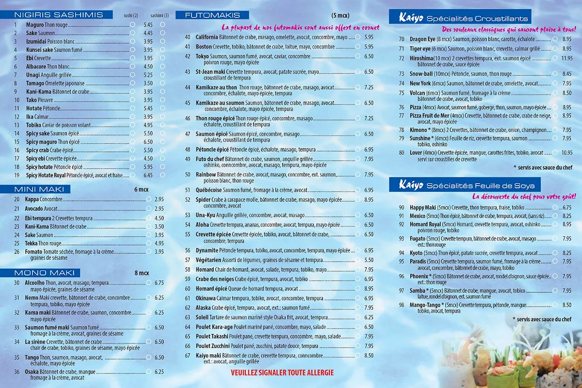 Menu, Kaiyo Sushi Express