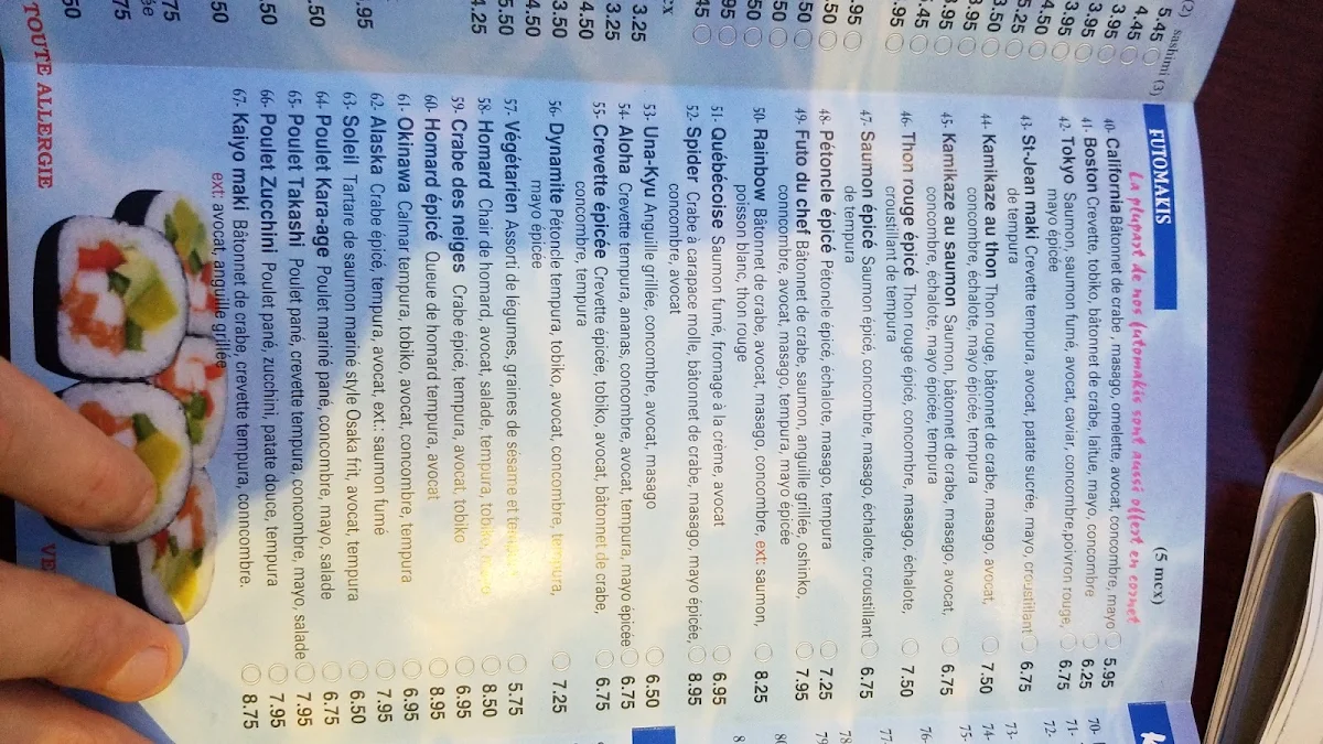 Menu, Kaiyo Sushi Express