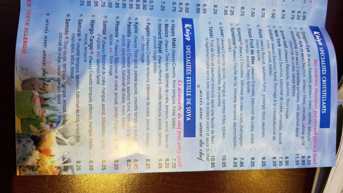 Menu, Kaiyo Sushi Express