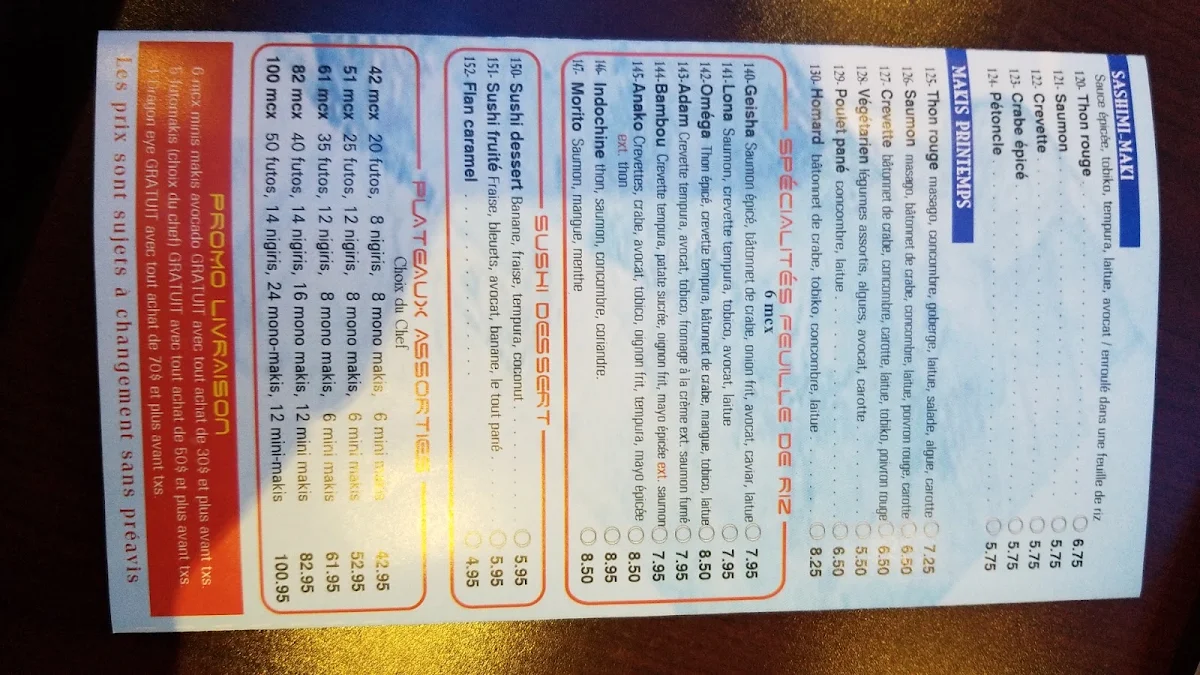 Menu, Kaiyo Sushi Express