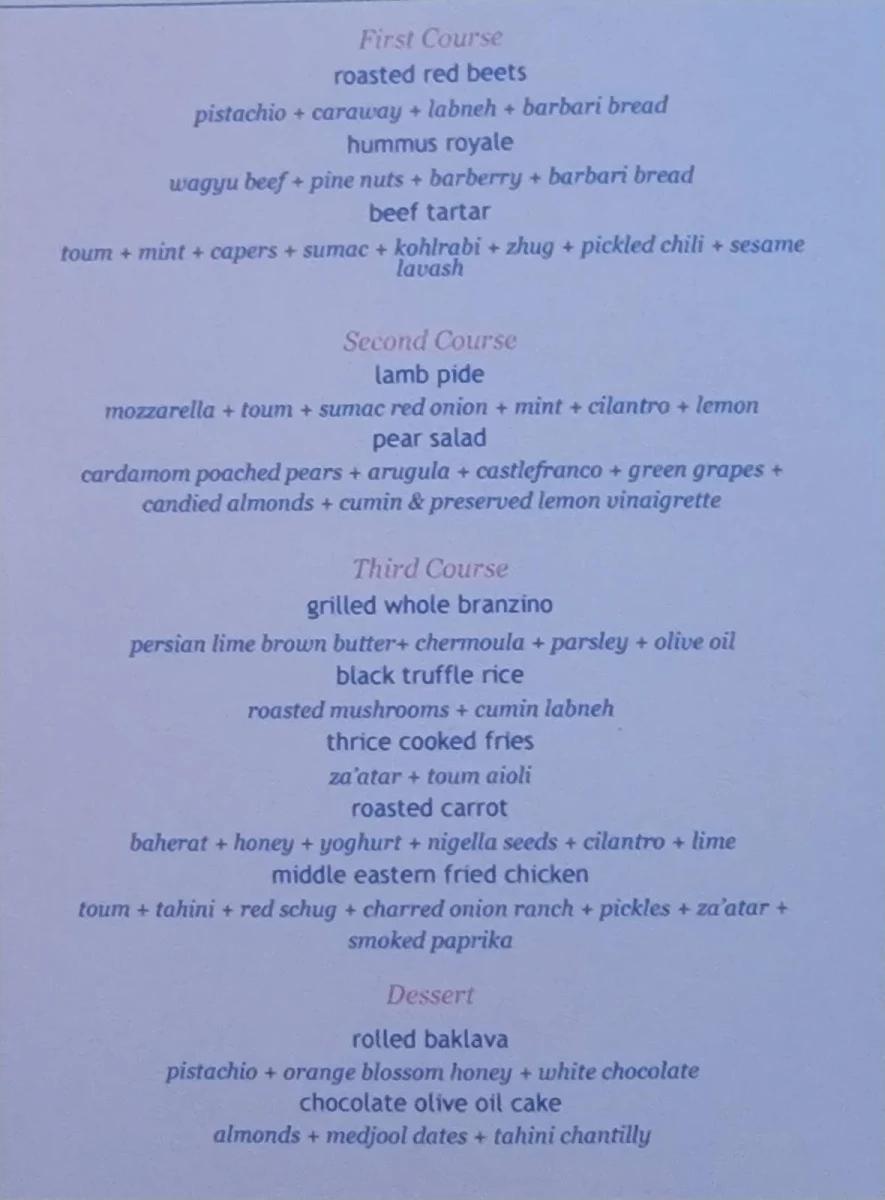 Menu, Byblos Downtown