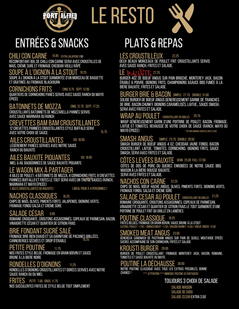 Menu, Brasserie Port-Alfred - Resto-Pub et Spectacles