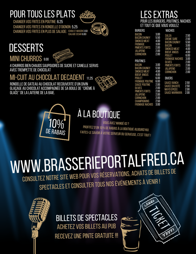 Menu, Brasserie Port-Alfred - Resto-Pub et Spectacles