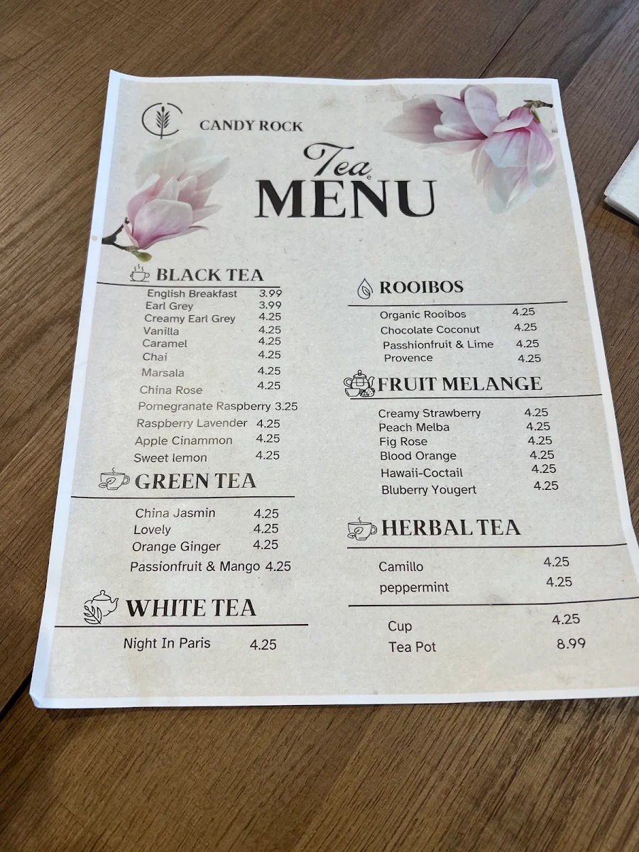 Menu, Candy Rock Café & Bakery