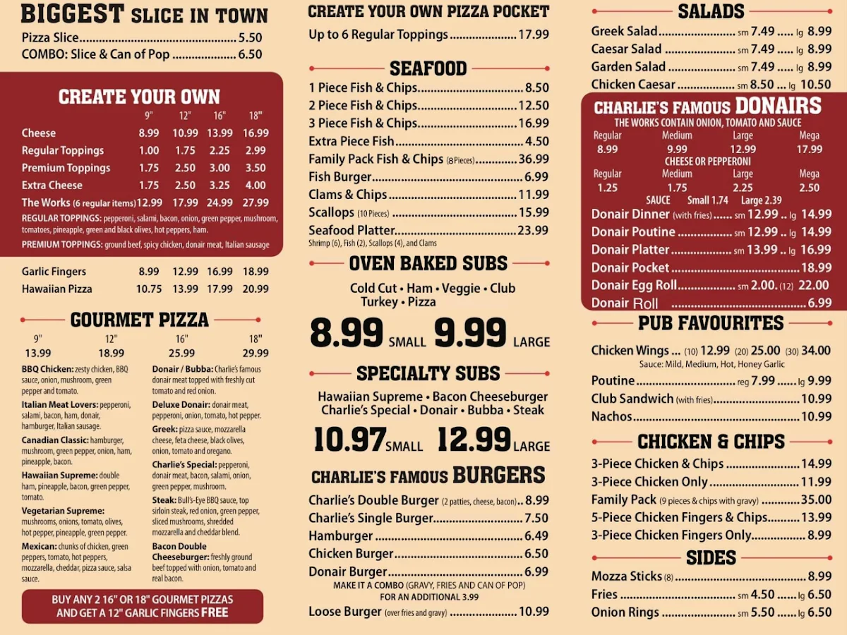 Menu, Charlie's Burger and Pizza