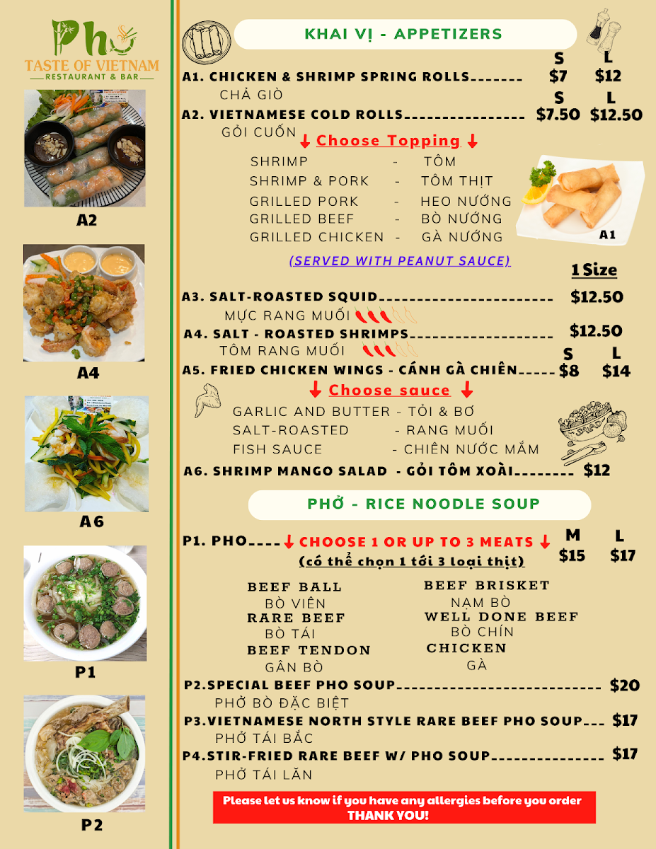 Menu, Taste of Vietnam Restaurant