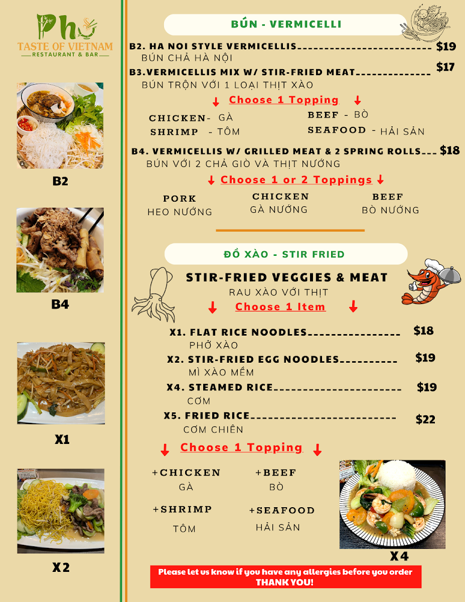 Menu, Taste of Vietnam Restaurant