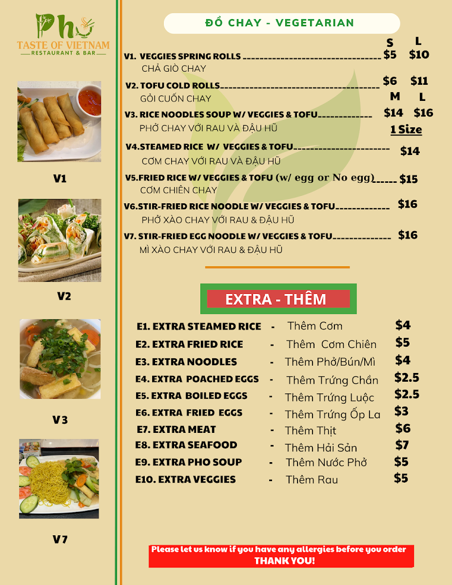 Menu, Taste of Vietnam Restaurant