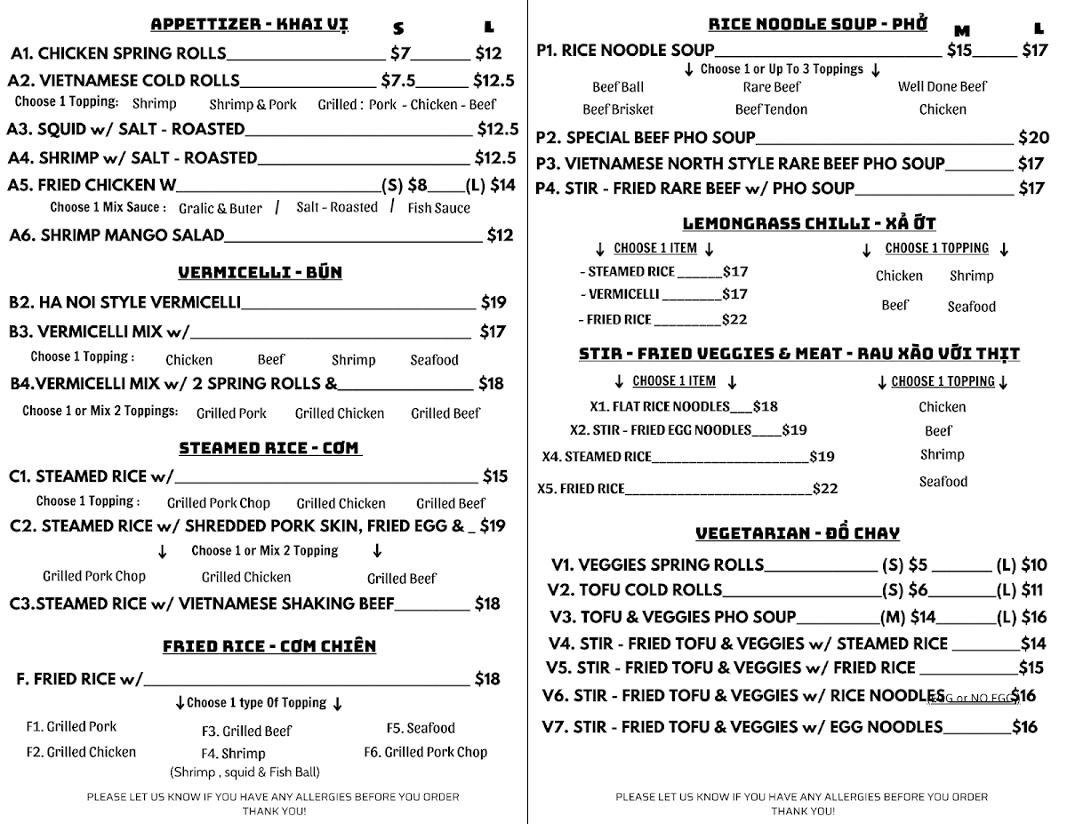 Menu, Taste of Vietnam Restaurant