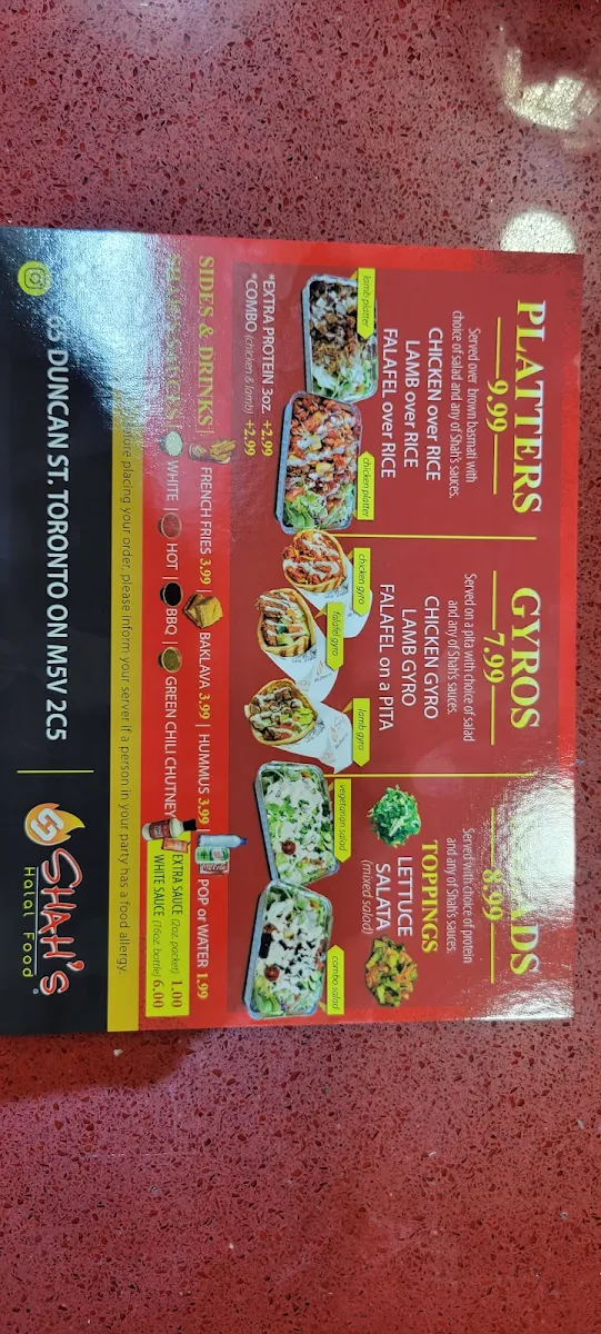 Menu, Shah's Halal Food