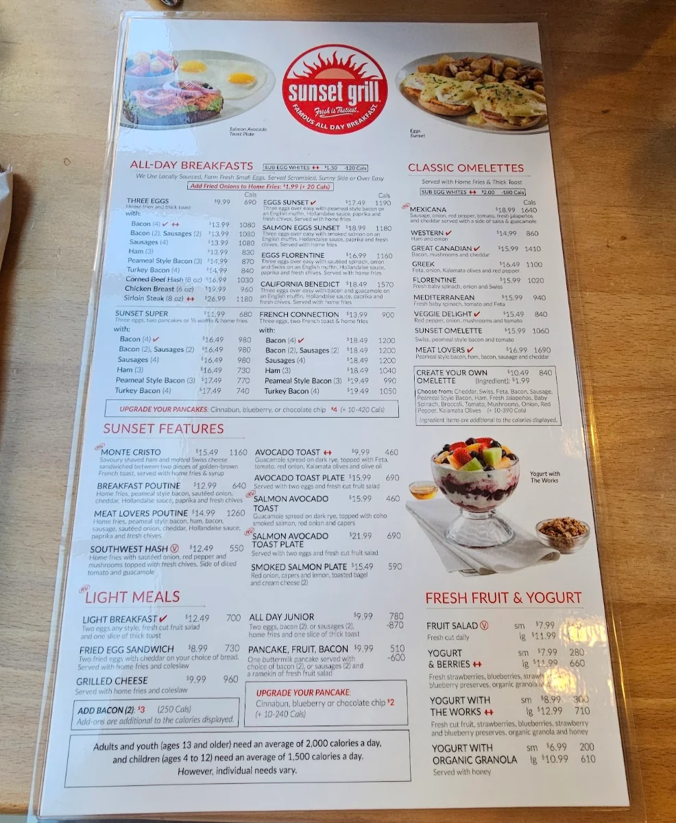 Menu, Sunset Grill