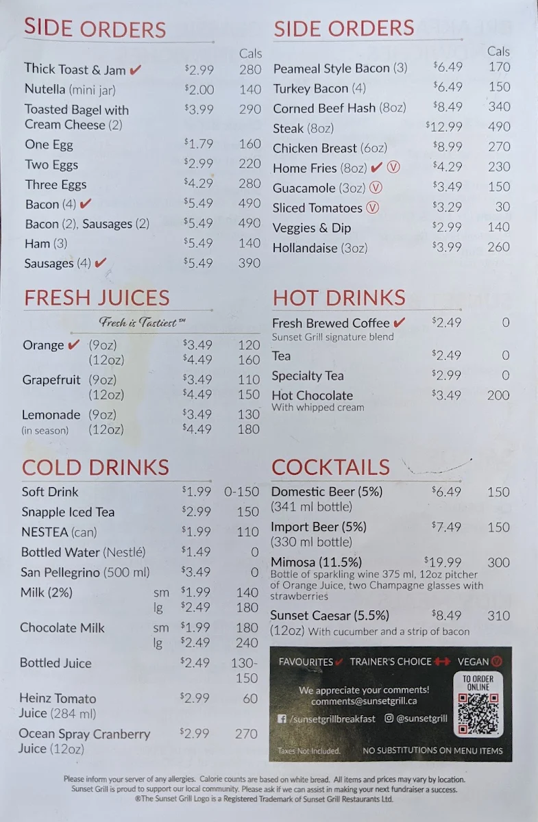 Menu, Sunset Grill