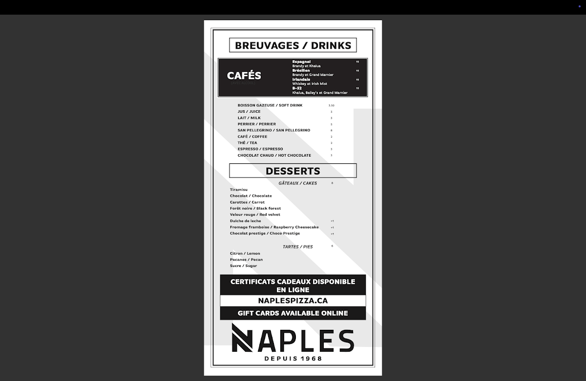 Menu, Naples Pizza