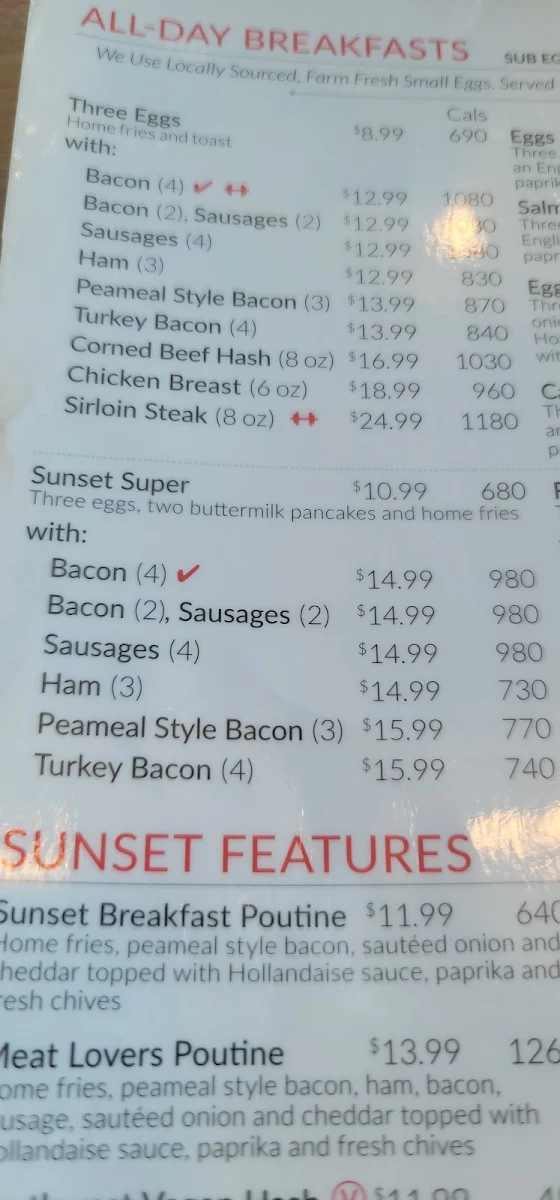 Menu, Sunset Grill