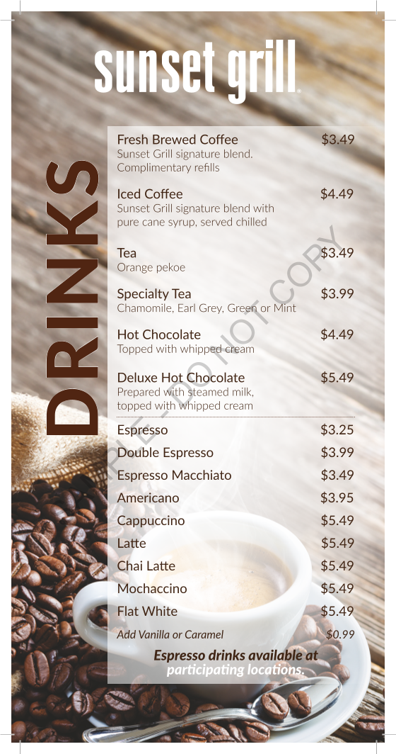 Menu, Sunset Grill