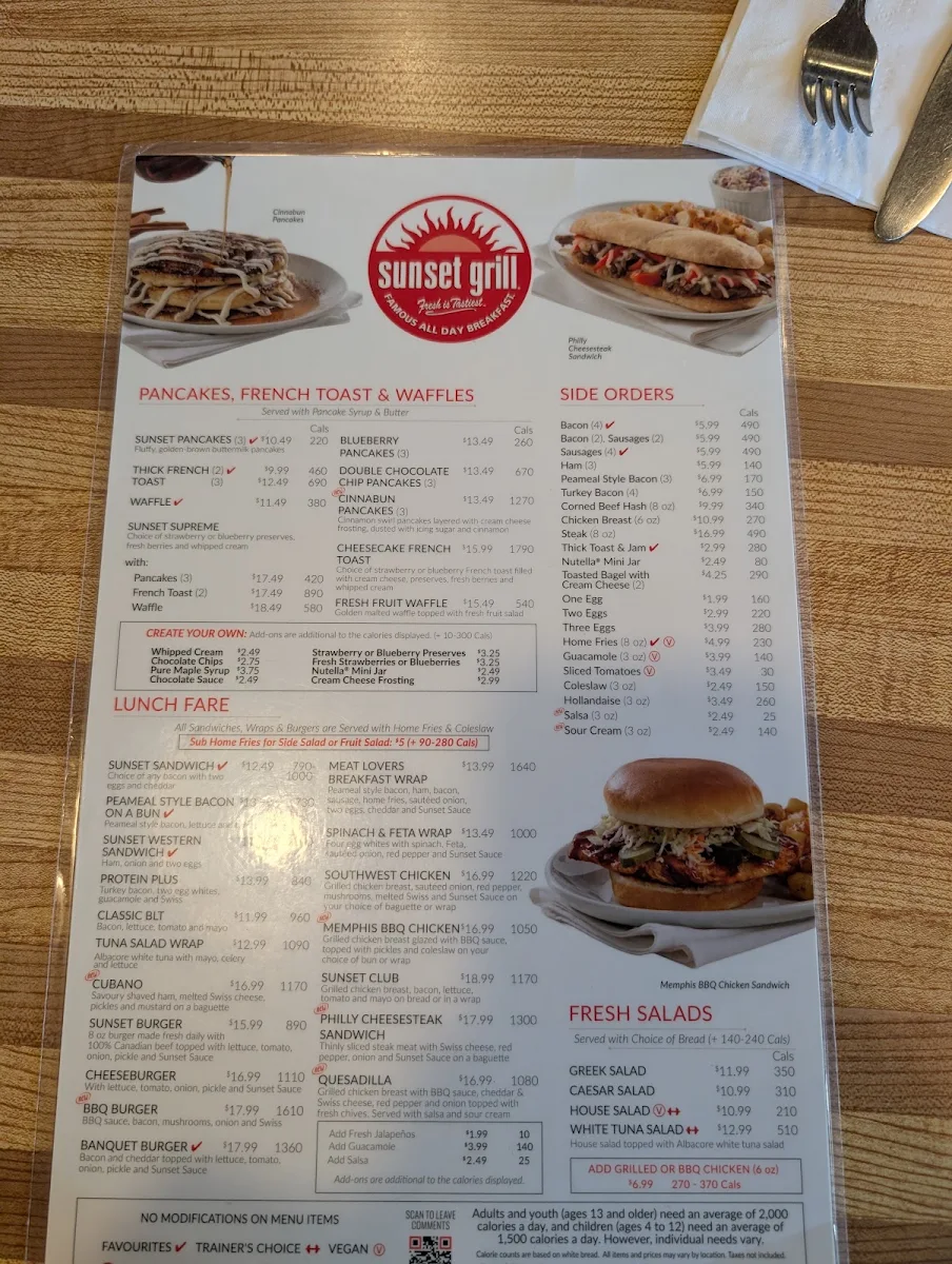 Menu, Sunset Grill