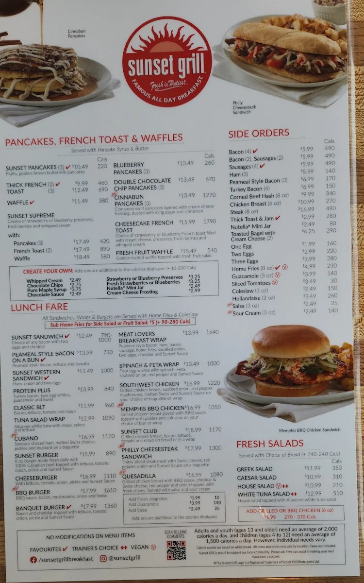 Menu, Sunset Grill