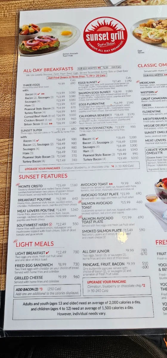 Menu, Sunset Grill