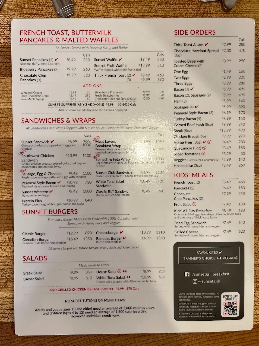 Menu, Sunset Grill