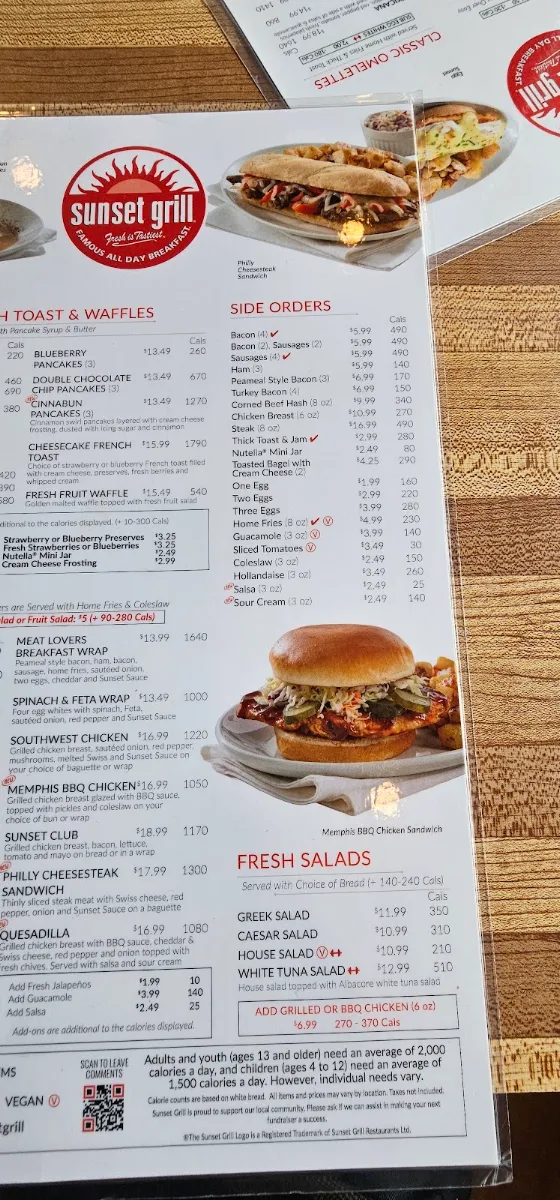 Menu, Sunset Grill
