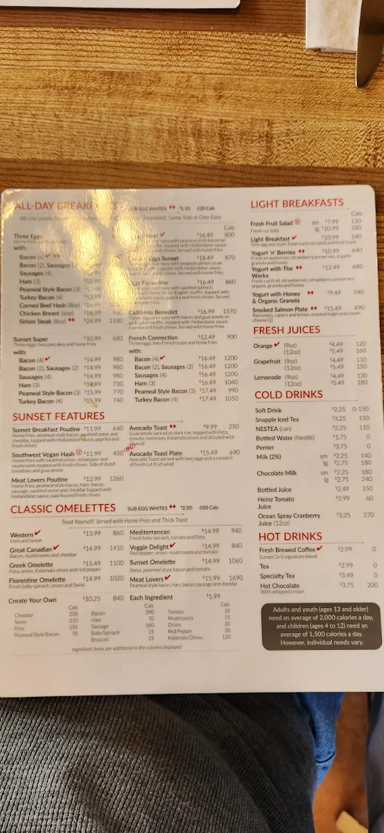 Menu, Sunset Grill