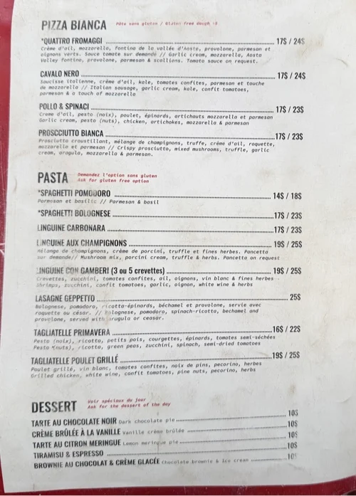 Menu, Pizzeria Geppetto Beaubien