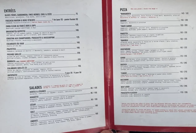 Menu, Pizzeria Geppetto Beaubien
